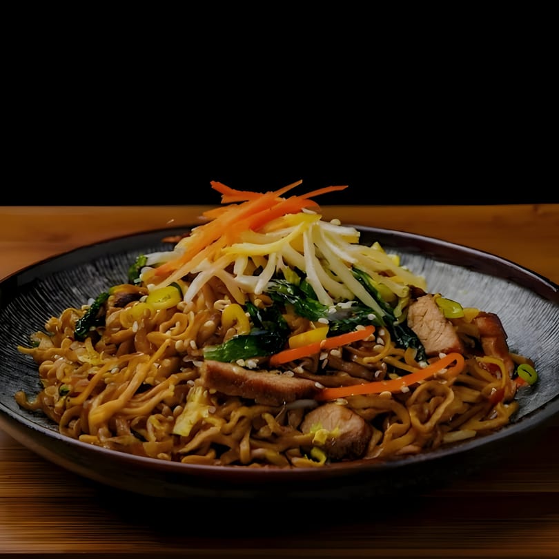 Katsumori Asian Fusion's Japanese noodles with pork, vegetables, and sesame seeds in a black bowl.